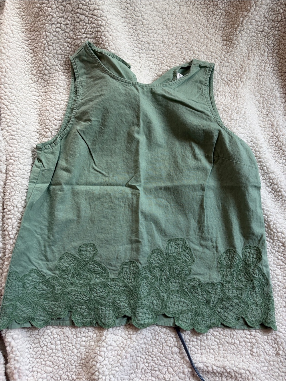 J. Crew Olive Green Sleeveless Cotton Tank with Embroidered Hem